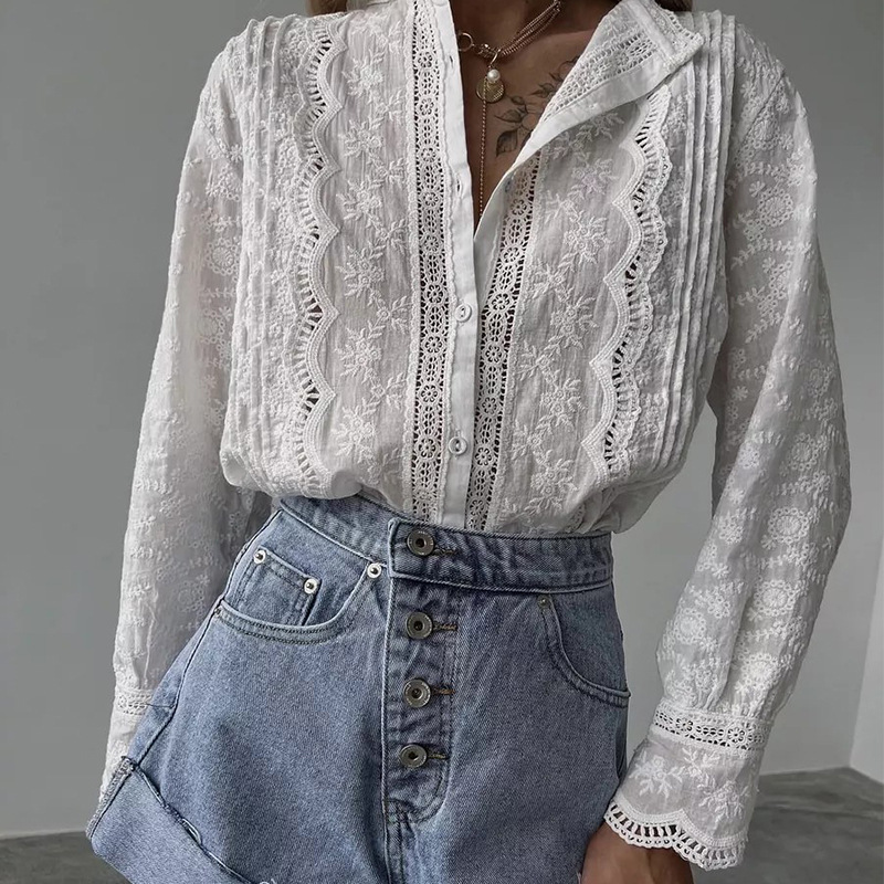 25 Spring and Autumn European and American Export Women's French Elegant Lotus Leaf Collar Cut Out Shirt Women's Pure Cotton Long-Sleeved Embroidered Shirt