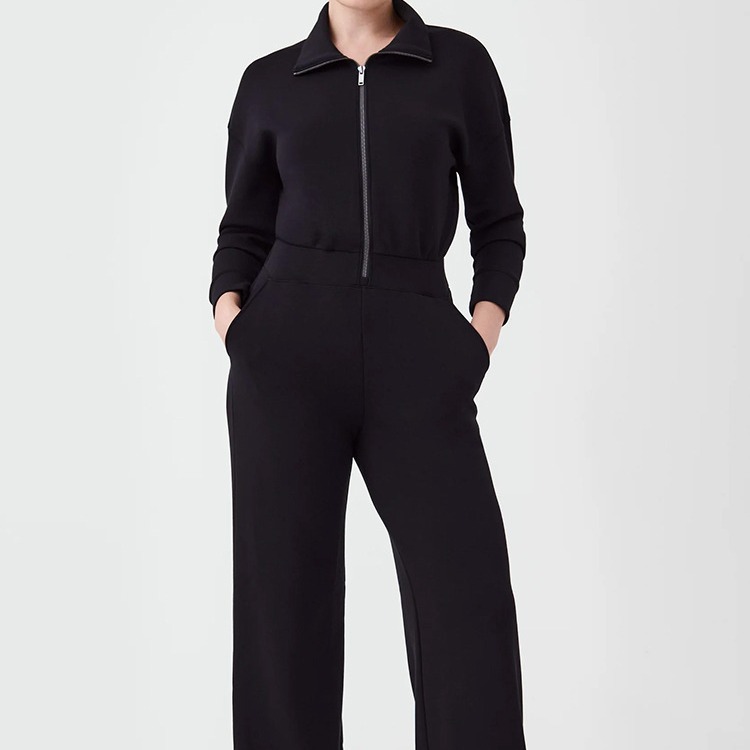 European and American cross-border 2023 Independent station new long-sleeved wide-leg jumpsuit jumpsuit zipper lapel sweater suit women