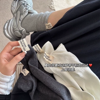 春秋堆堆袜韩式ins小众布标灰色袜子女竖条中筒棉袜外穿纯色长袜