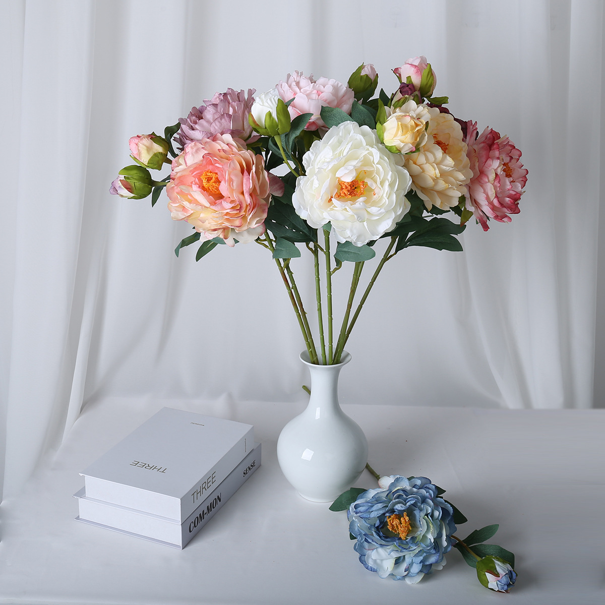 Flor artificial de peonía con bordes quemados, flor de seda de peonía con bordes quemados estilo pintura al óleo vintage, decoración para el hogar, sala de estar, accesorio para fotografía.