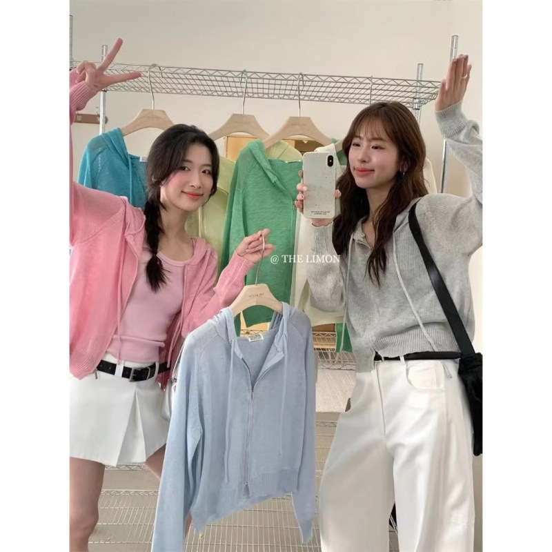 Ice Silk Long-Sleeved Hooded Knitted Cardigan Women's Summer Thin Sun Protection Blouse Jacket Design Lazy Air-Conditioned Top