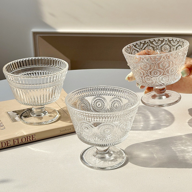 Retro en relieve sol de vidrio bol inswind helado casero helado helado bol yogur avena desayuno bol postre