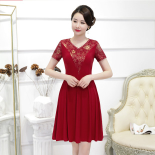 Summer Short-Sleeved A-Hem Wedding Dress for Middle-Aged and Elderly Brides and Mothers, Elegant Old Lady High-Elastic Ice Silk Crystal Hemp