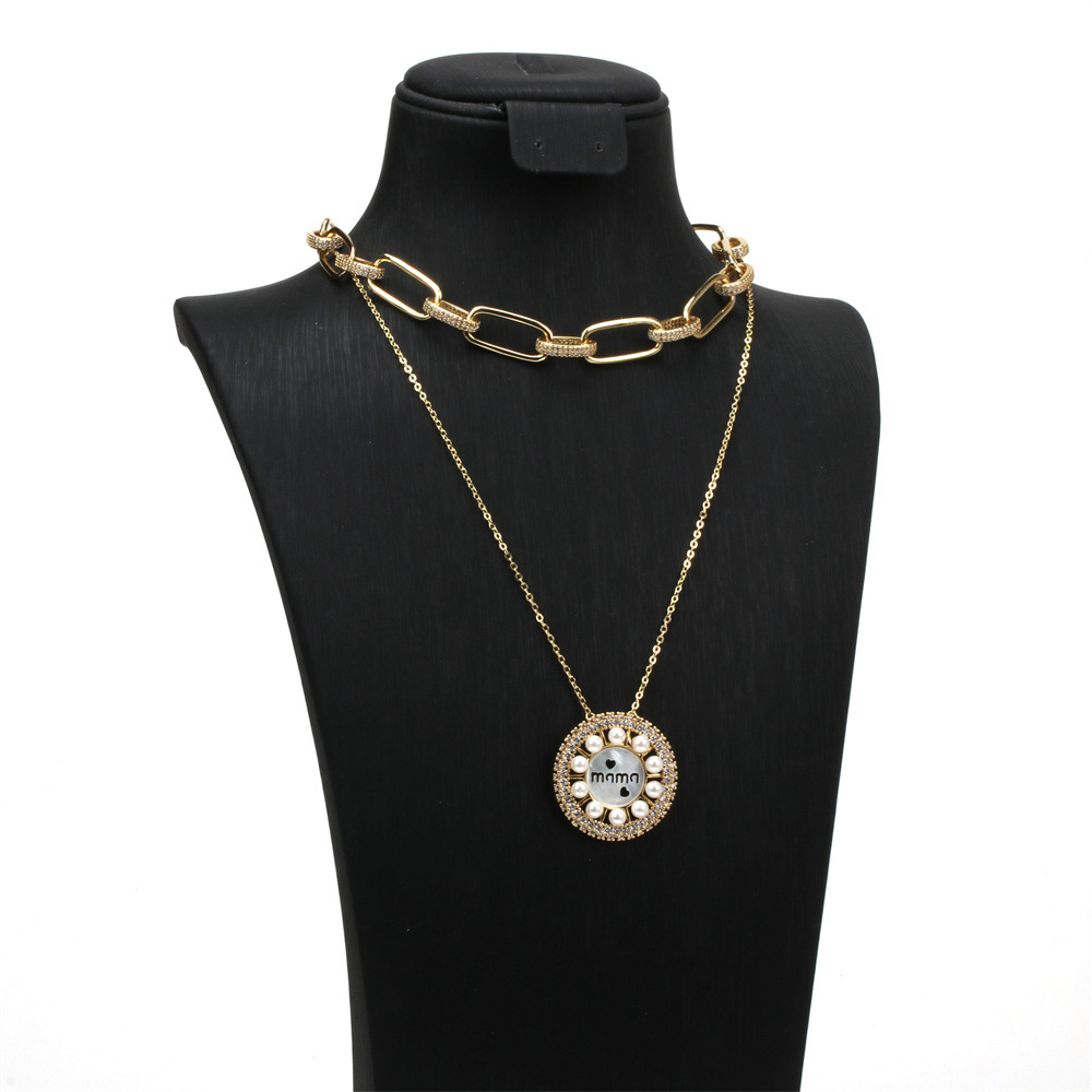fashion mama round shell pearl pendant copper inlaid zircon gold-plated necklace