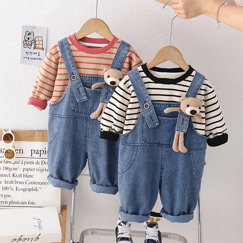 Boys' Autumn Outfit Set Trendy  New Girl's Clothing Baby Children Striped Long Sleeve Belted Two-Piece Set