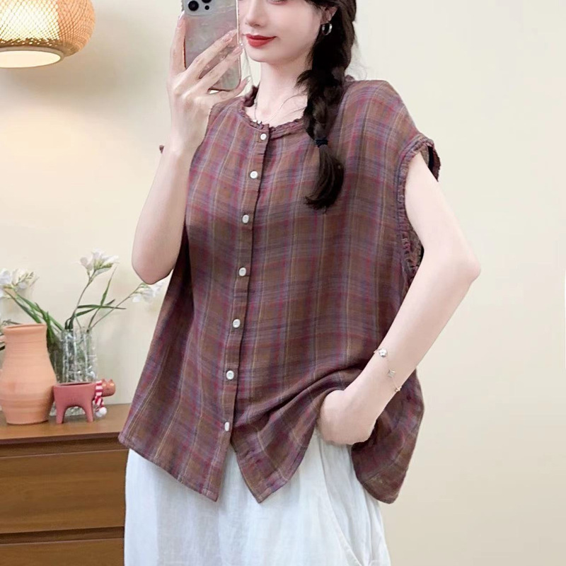 Summer New Loose Casual Plus-Size Ruffled Collar Double-Layer Cotton Sleeveless Plaid Shirt 1516