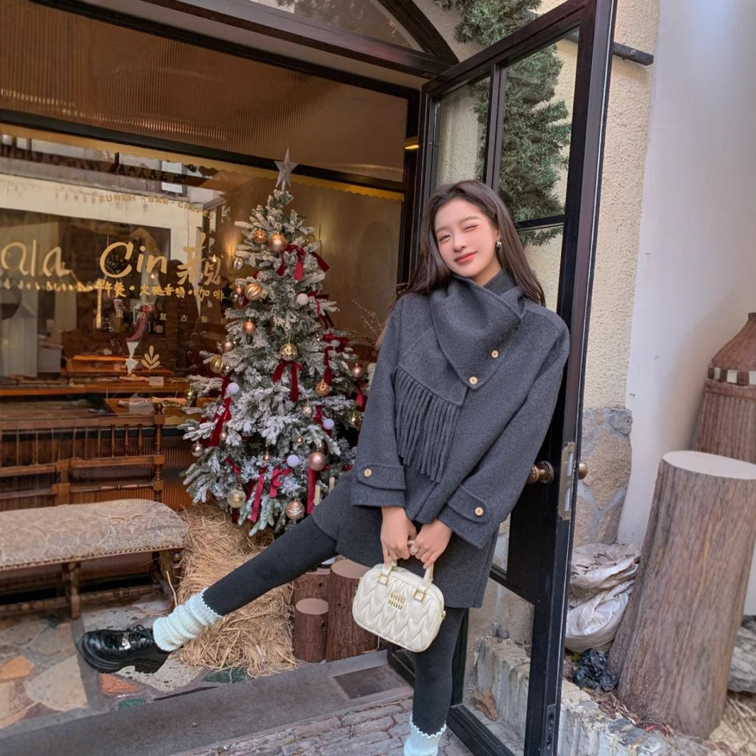 다크 그레이 양면 양면 양모 코트 여성용 고급 2024 스카프 분리 가능한 투웨어 짧은 우아한 모직 코트