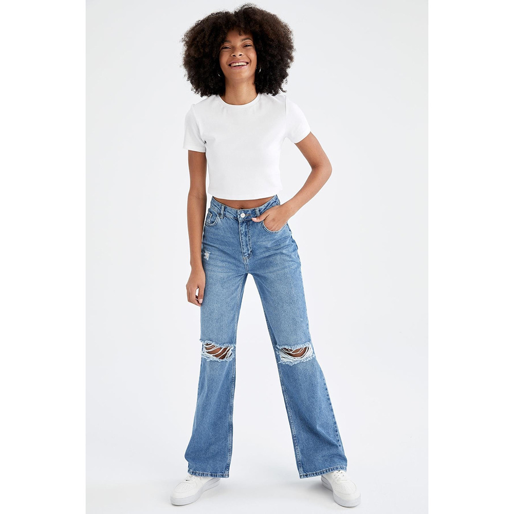 Women's Retro Ripped Wide Leg Jeans – Distressed Drape Floor-Length Denim Pants In Medium Blue, Light Blue & Black_mkmklike.com