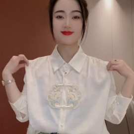 新中式刺绣雪纺衬衫女高级感2024春秋季新款国风衬衣长袖漂亮上衣