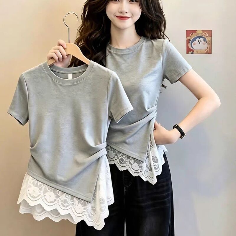 French-Style Elegant Lace Patchwork Twist T-Shirt for Women, 2026 New Summer Women's Top for a Slightly Professional Look