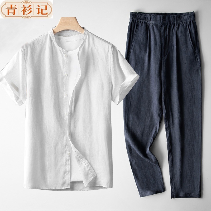 Nuevo conjunto de ropa de lino chino para hombres retro delgado de manga larga estilo chino algodón lino transpirable camisa casual de dos piezas