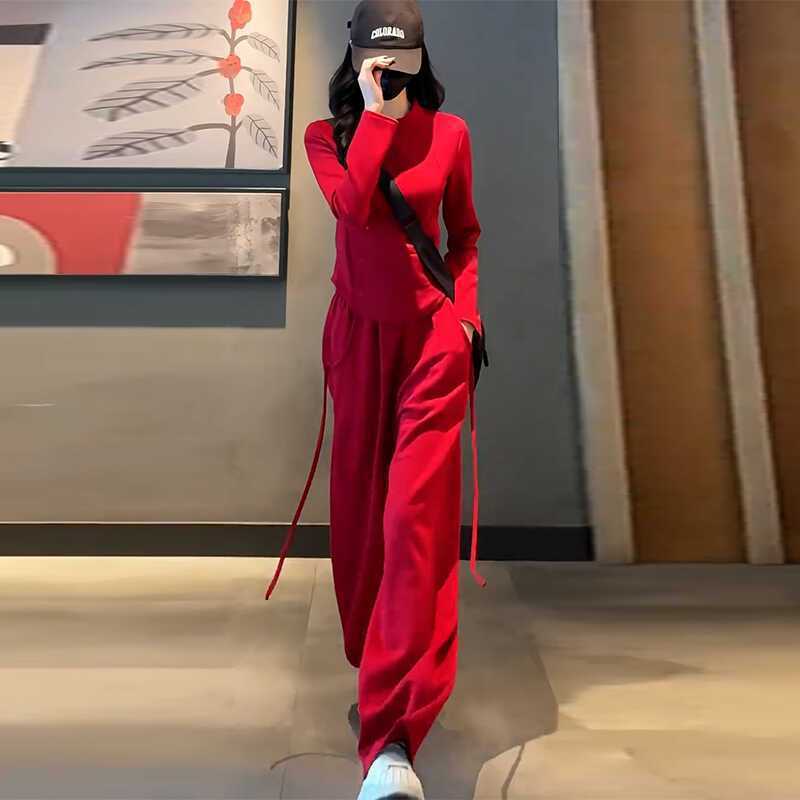 秋冬加绒加厚休闲时尚套装女修身百搭长袖T恤上衣高腰阔腿裤套装|undefined