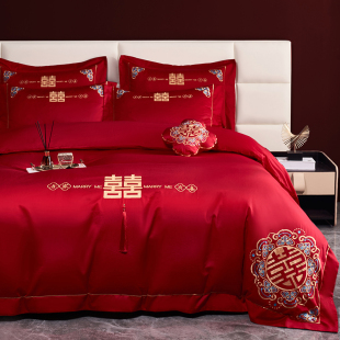 New Chinoiserie Wedding Four-Piece Set Pure Cotton Bright Red 100S Long-Staple Cotton Embroidered Quilt Cover Wedding Quilt Bedding