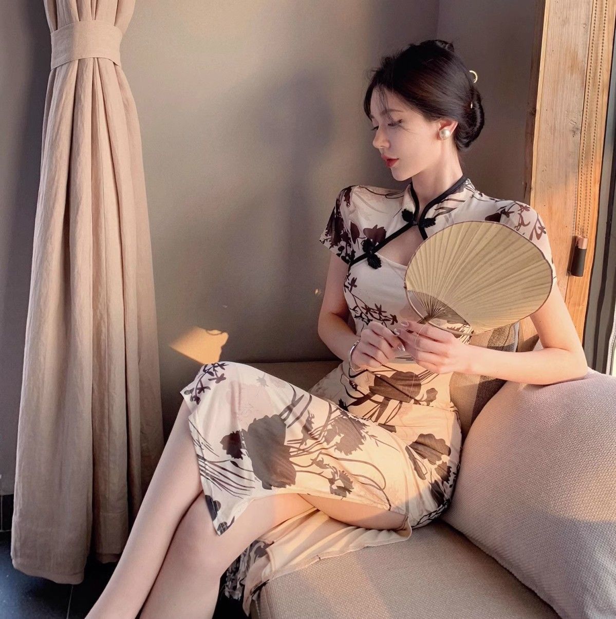 Fashion Simple Qipao Young Girls, High-end Retro Print, Waist-cinching Slimming Improved Chinese-style Dress For Women_ecoleips.com