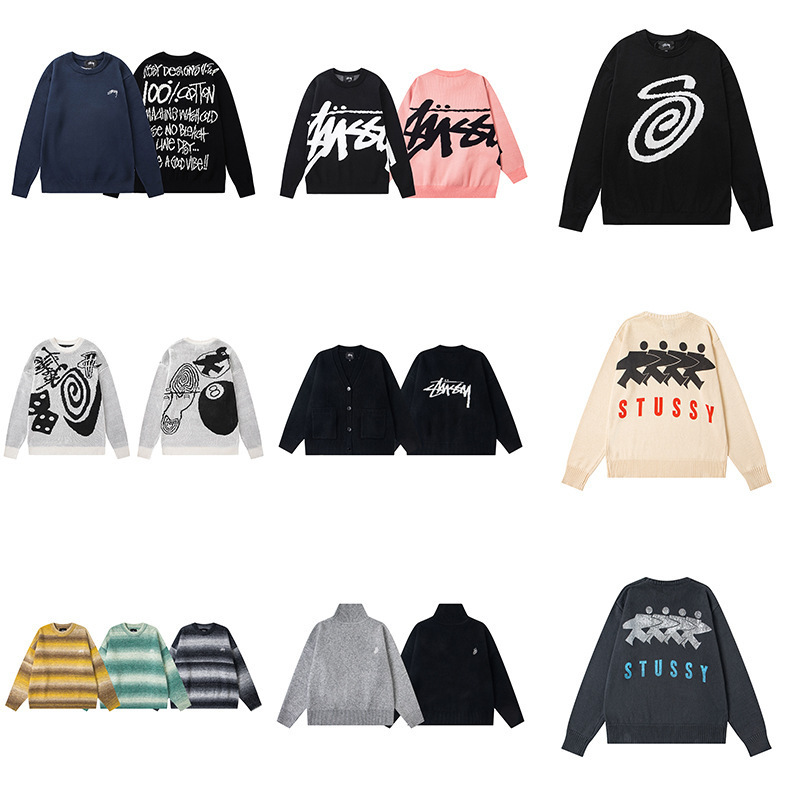 Cross-Border European and American Letter Jacquard Knit Sweater Stussy Round Neck Casual Loose Sweater for Men and Women
