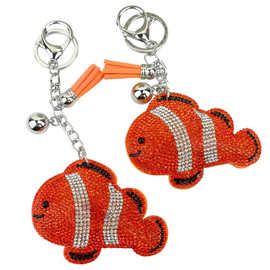 创意海洋动物韩国绒镶钻小鱼烫钻钥匙扣流苏铃铛女士包包配饰