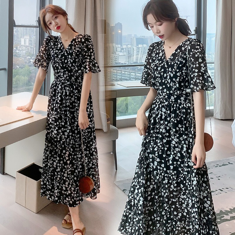 Export cross-border Amazon summer new Mori floral chiffon over-the-knee dress V-neck fairy dress ins fashion Export cross-border Amazon summer new Mori floral chiffon over-the-knee dress V-neck fairy dress ins fashion