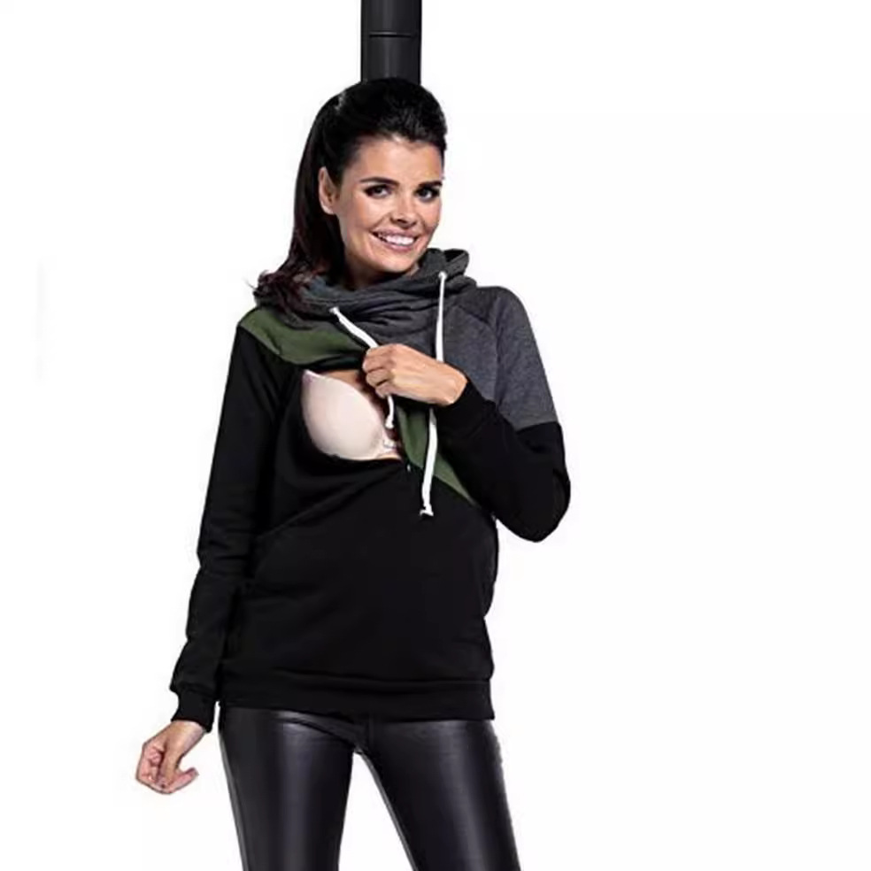 Sudadera de lactancia multifuncional de manga larga con diseño patchwork para madres, nueva de 2025, disponible en AliExpress, eBay y Amazon.