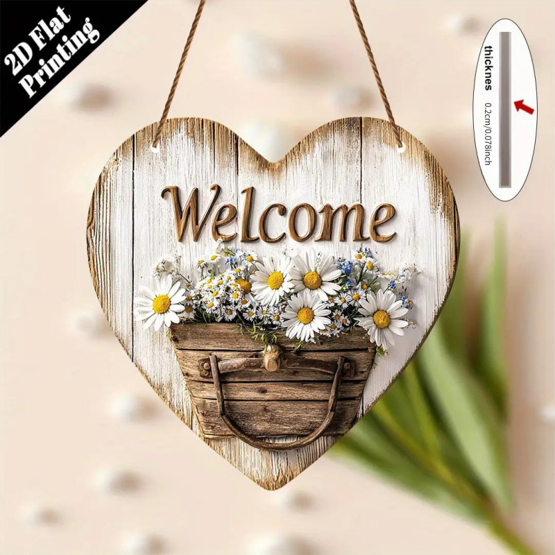 Cross-Border 2D Flat Rustic Heart-Shaped Wooden Welcome Sign, Daisy Basket Design, Front Door Porch Garden Decoration