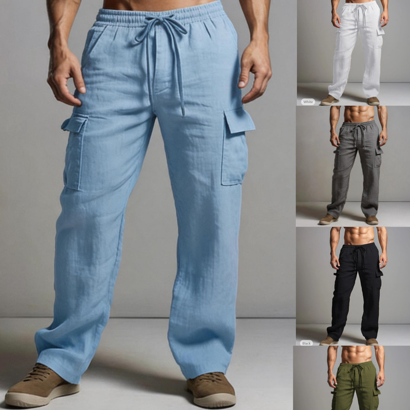 2024 new cotton and linen trousers drawstring elastic waist straight leg solid color breathable daily casual trousers