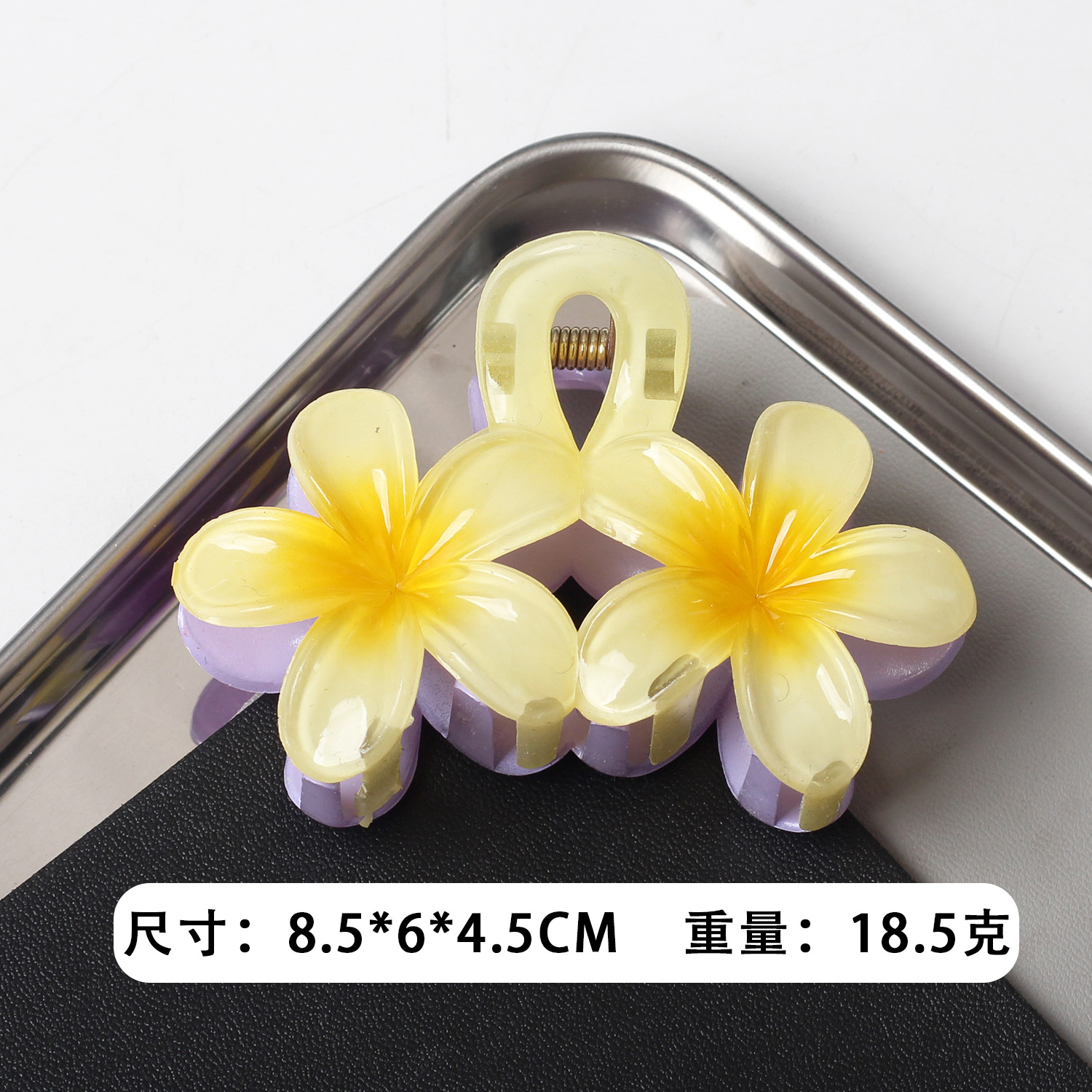 Clip de agarre de flor de frangipani de color caramelo caliente de Amazon transfronterizo Horquilla de flor de color transparente Horquilla de estilo de vacaciones de viaje