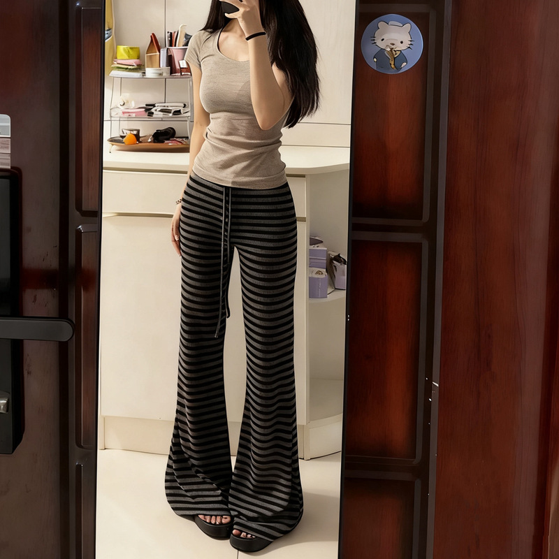 Gray Striped Color-Block Flared Pants for Women, Summer High-Waisted, Casual Drawstring Versatile Sports-Style Long Pants