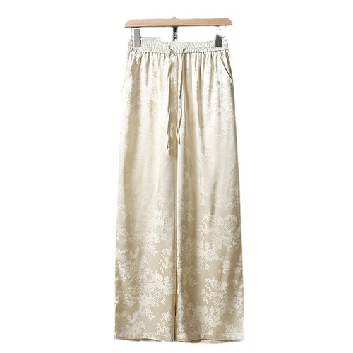 Classical all-matching satin elastic high waist New Chinese jacquard straight leg pants China style women's casual pants show leg length