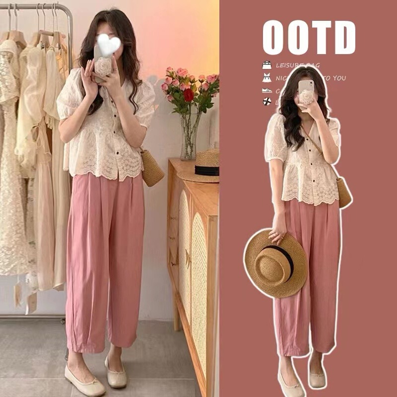 2024 Summer Breastfeeding Clothes Going Out Hot Mom Postpartum Breastfeeding Clothes Fashionable Western Style Shirt Wide Leg Pants suit