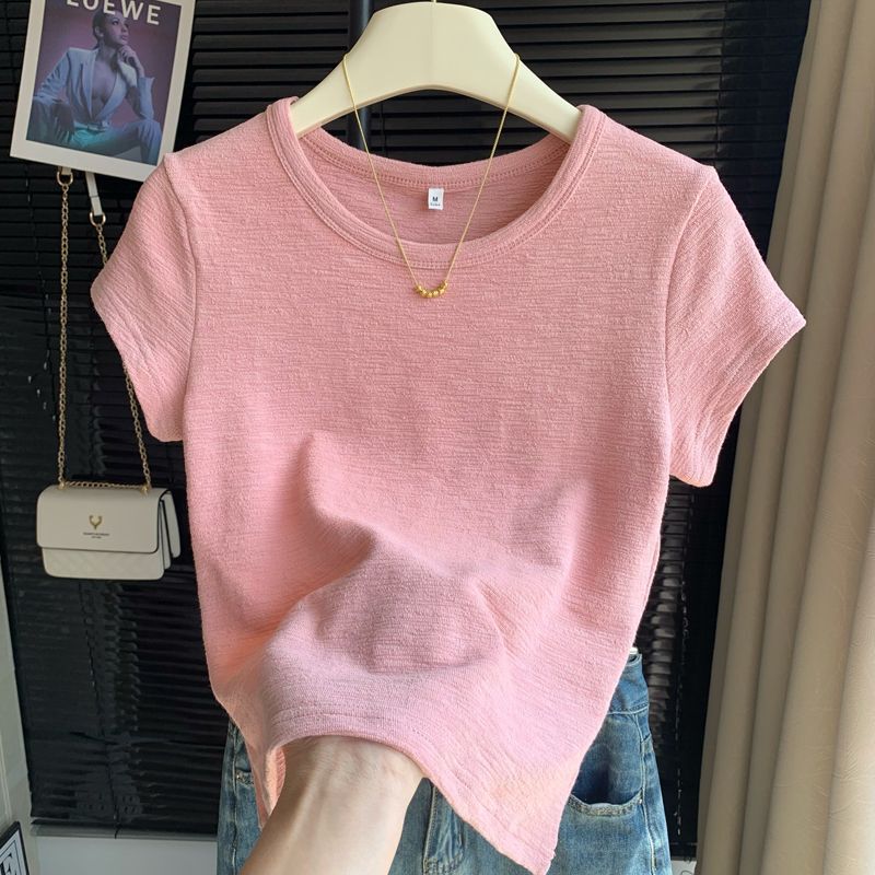 Small Unique Texture Pleated Short-sleeved T-shirt Women's Summer Korean-style Slim-fit Solid Color Shoulder Short Top Base
