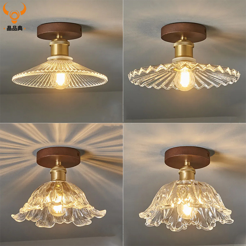 American Retro Corridor Hallway Light Antique Walnut Color Solid Wood Glass Entrance Entrance Balcony Small Ceiling Lamp