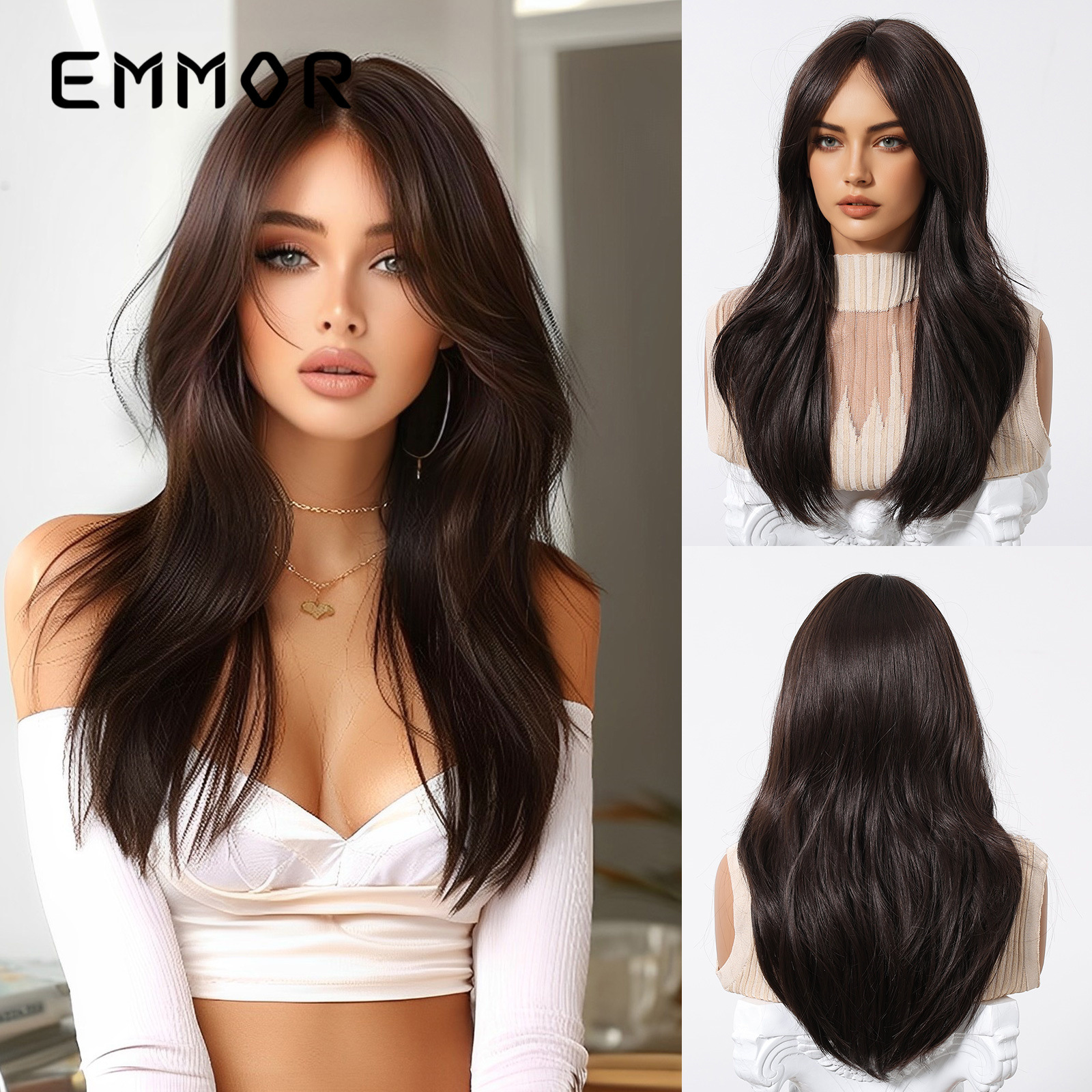 Excepcionando pelucas europeas y americanas marrones, cabello completo, flequillo de ocho caracteres, cabello largo y rizado, moda natural, cabello completo, cubierta de cabello wigs