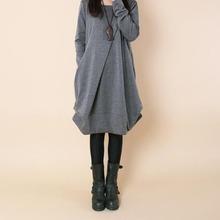 春季新款韩版女装大码宽松休闲褶皱圆领长袖连衣裙