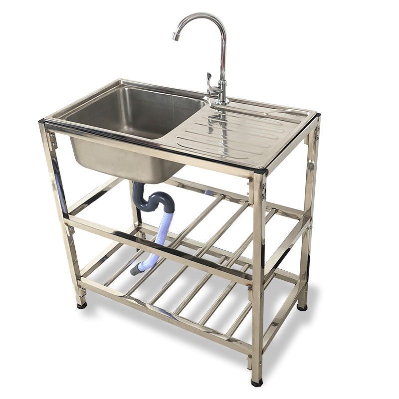 Spot Wholesale Simple Stainless Steel Sink with Bracket Platform Wash Basin Single-Slot Floor-Standing Shelf Operating Countertop Kitchen