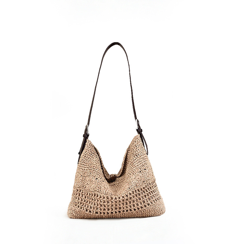 Handmade Crochet Raffia Woven Large Leather Bag 2026 New Women's Tote Bag Vacation Style Beach Straw Bag - Thumbnail 7
