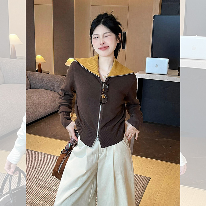 韩系白色海军领拉链针织开衫外套秋季新款女装设计感外穿长袖上衣|undefined