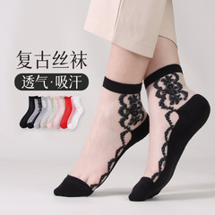 萬事達春夏新款日系透明水晶絲襪棉底小藤花玻璃絲女士中筒襪批發