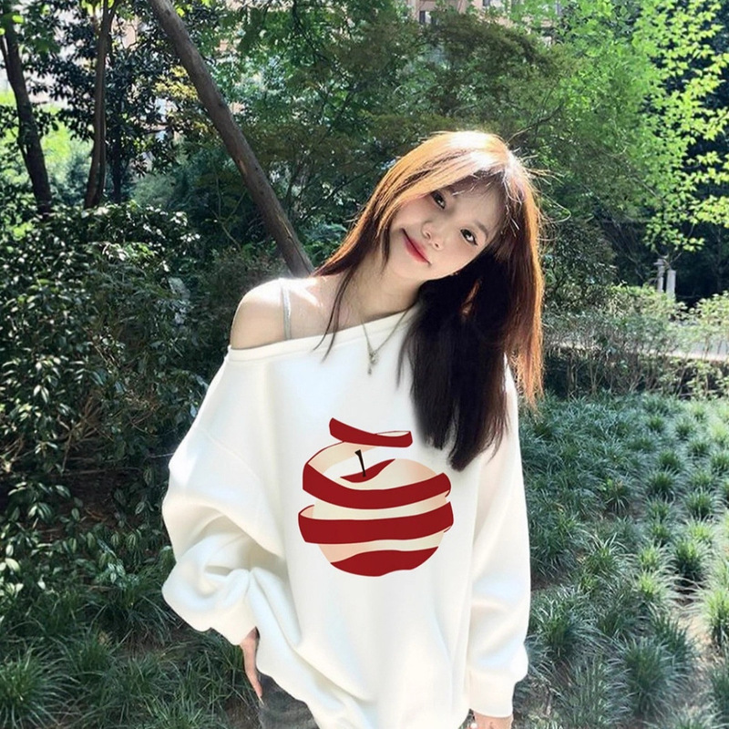 Apple Print Off-Shoulder Sweatshirt for Women, Spring and Autumn Thin Style, Trendy Lazy Design, Niche Loose Top, Versatile and Trendy