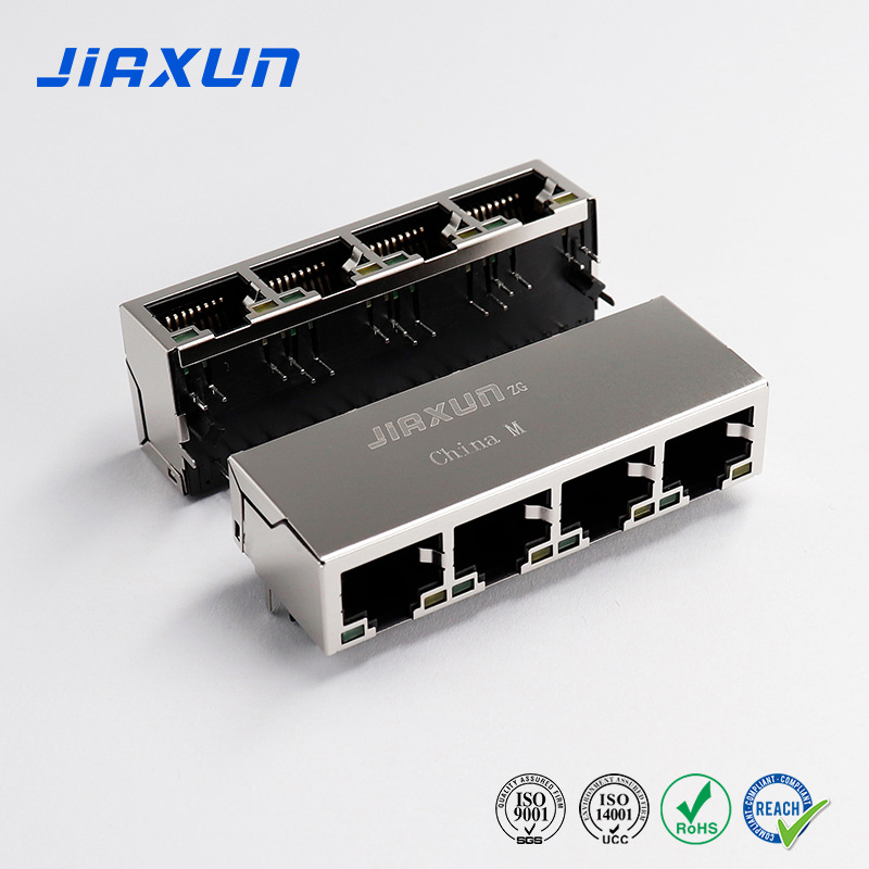 Jiaxun suministra RJ45 con asiento maestro de transformador conector de computadora de comunicación Ethernet multipuerto de una fila rj45 personalizado