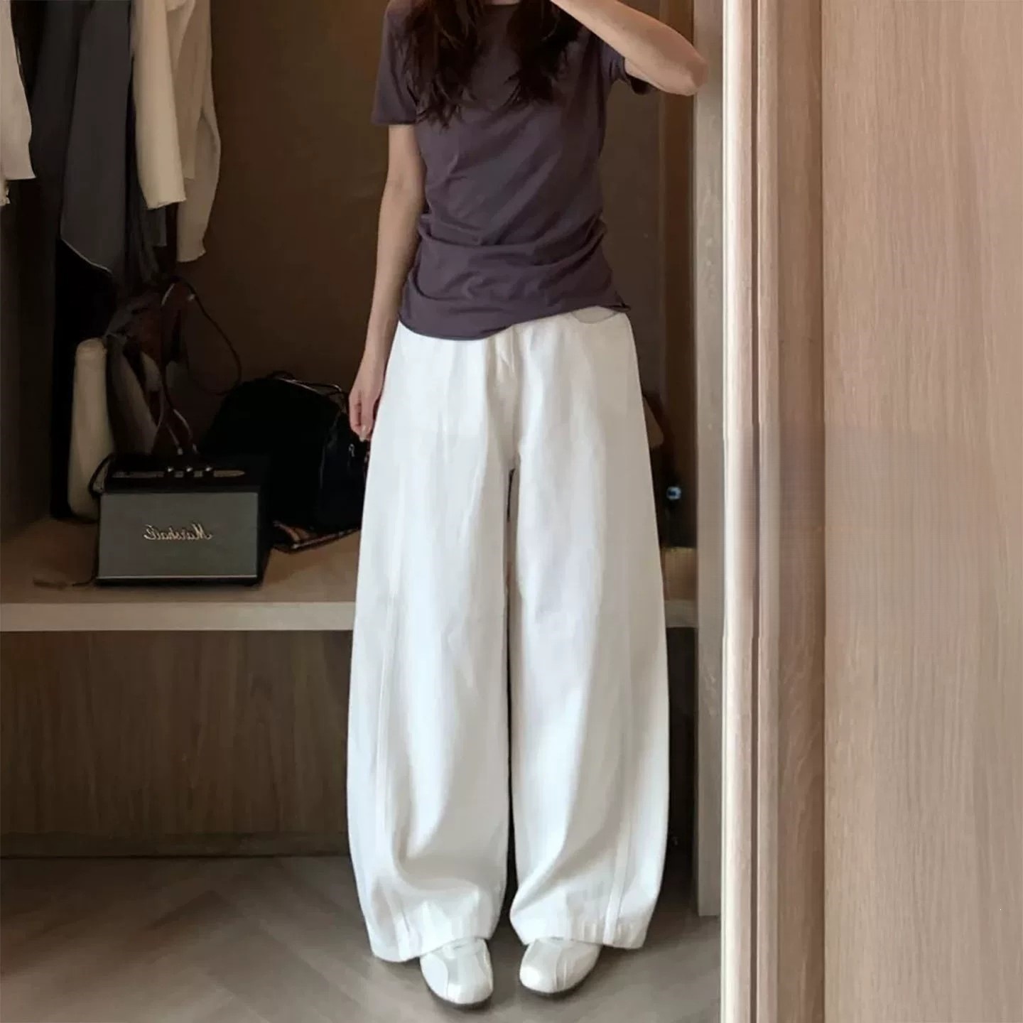 LC722白色洋气显瘦牛仔阔腿裤女2026春夏潮流垂感时尚宽松百搭弯