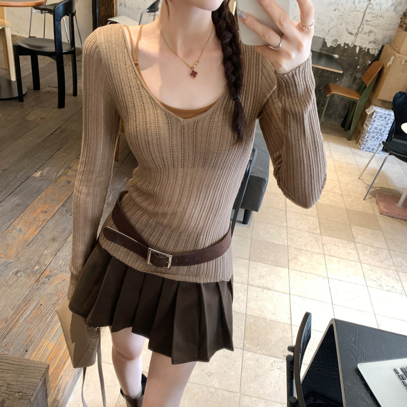 好美镂空v领长袖羊毛针织衫女装美式2025早秋季新款单穿薄款上衣|undefined