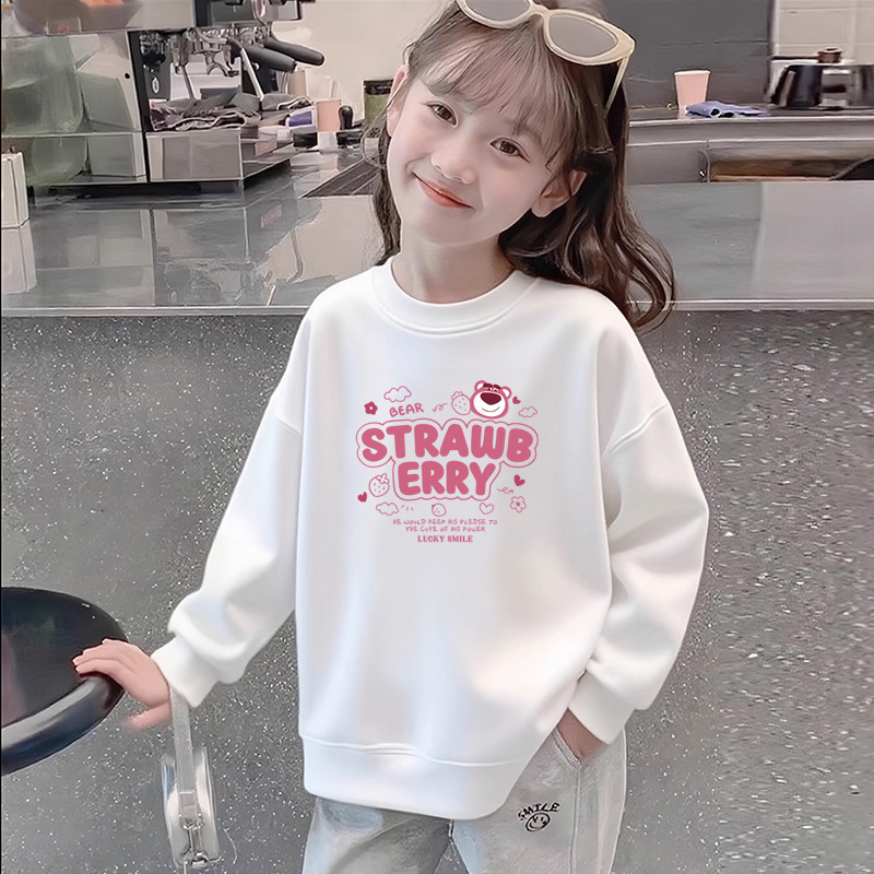Girls' white pure cotton long-sleeved sweatshirt, thin and loose fit, stylish and versatile printed top for spring and autumn, suitable for medium and large children.