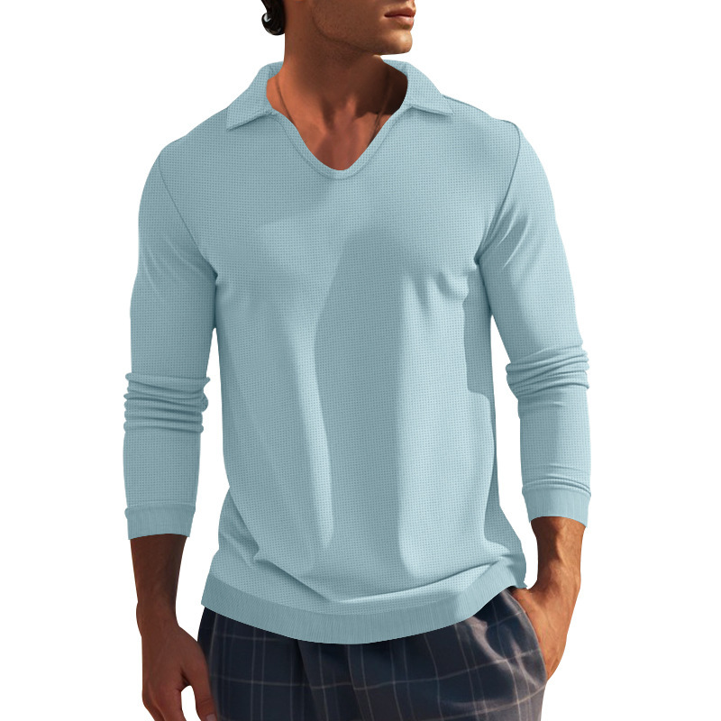 Podzimní a zimní americké pánské tričko s dlouhým rukávem, tenký střih, vaflový styl, slim fit, klopový pletený svetr pro muže_voghion.com