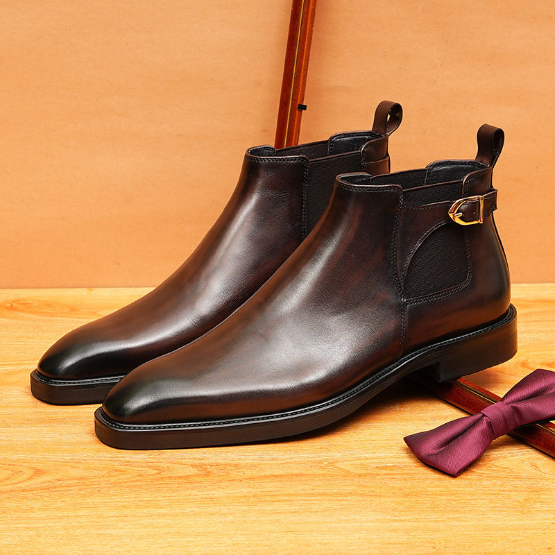 【预售非现货】冬季高帮皮鞋男商务正装真皮英伦擦色尖头马丁靴男