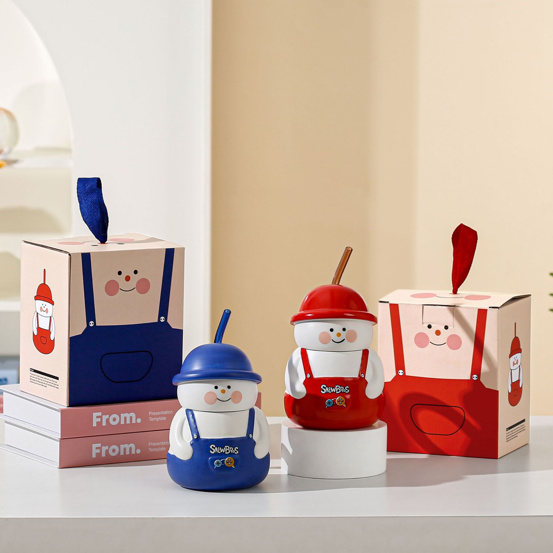 Personalidad creativa de dibujos animados muñecos de nieve hermanos taza de paja de alta cara de cerámica acompañante regalo de mano taza de marca taza de Navidad transfronteriza