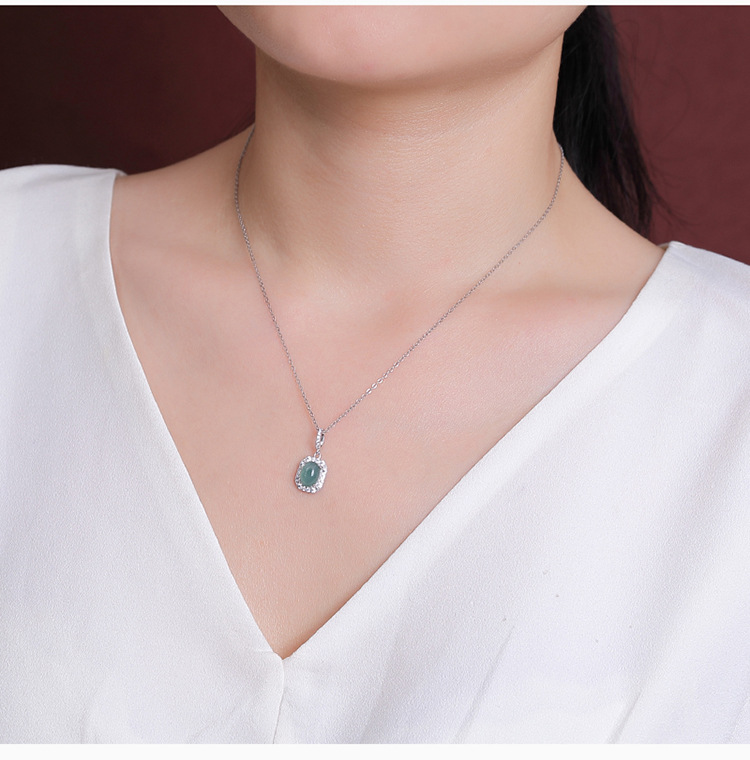 Mặt dây chuyền hình quả trứng bạc S925 đính ngọc bích xanh phong cách retro — Ngọc lục bảo xanh (không có dây chuyền) chi tiết 8