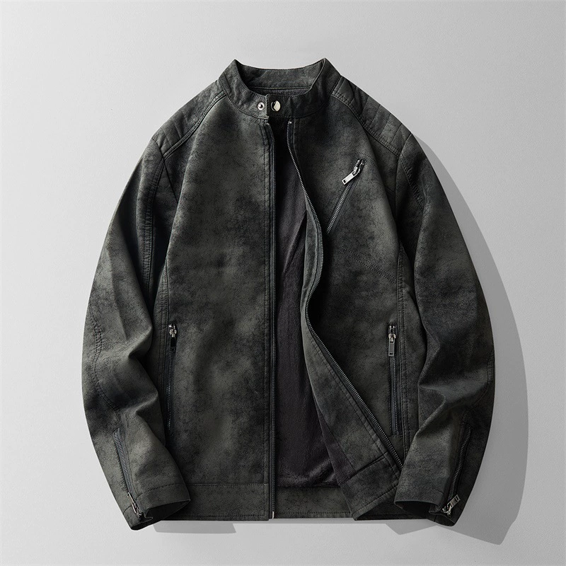 2024 новый подходит для второго открытия плюс бархат легкая зрелая машина кожаная куртка мужской осенний и зимний корейский костюм воротник повседневный корейский