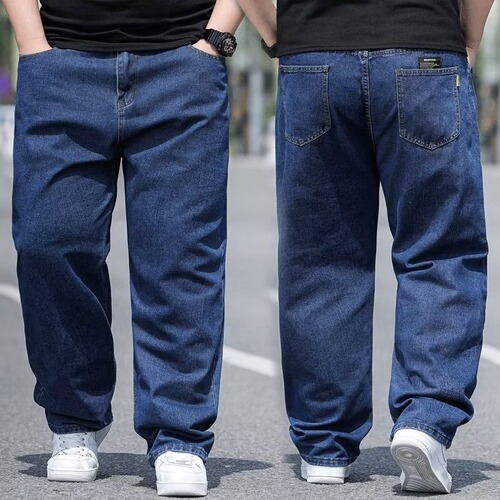 Men's plus size denim jeans for autumn, plus size men's pants, loose straight-leg, for plus-size individuals, wide-leg, elastic waist long pants