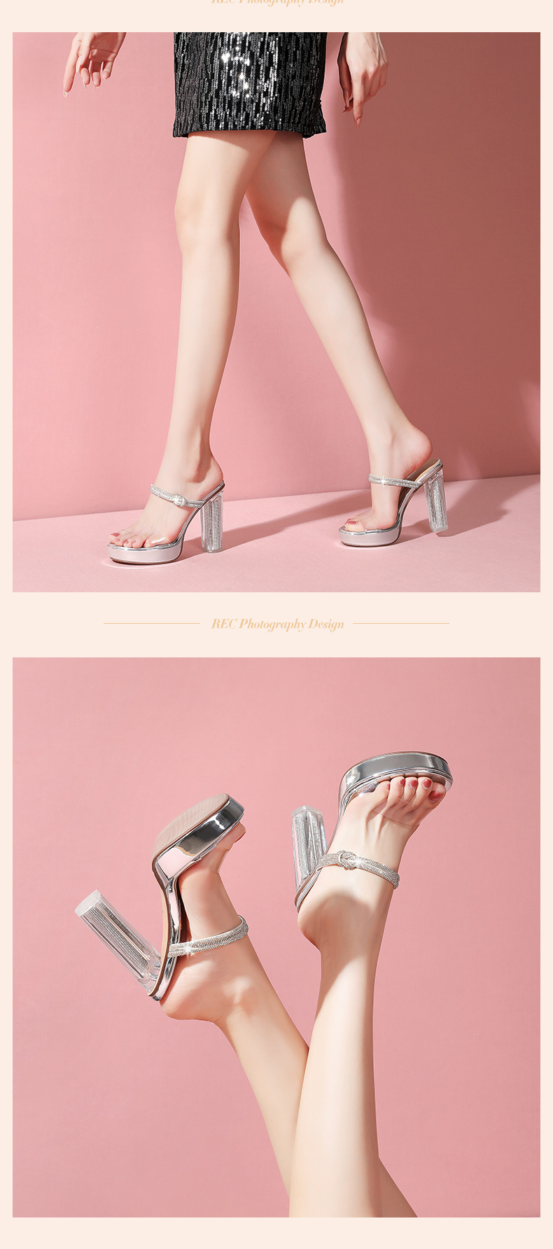 Sandal cao gót nữ gót trong suốt pha lê, quai ngang, gót 9 cm — Màu Sâm panh chi tiết 14