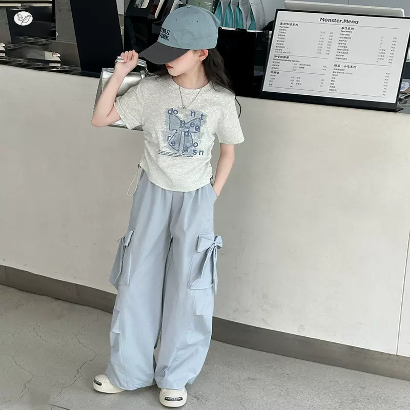 女童夏T恤工装裤套装中大童抽绳蝴蝶结短袖阔腿裤2025新款韩版