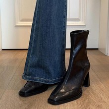 澜柜版~高跟短靴女2025秋冬新款黑色法式粗跟弹力瘦瘦靴马丁靴子